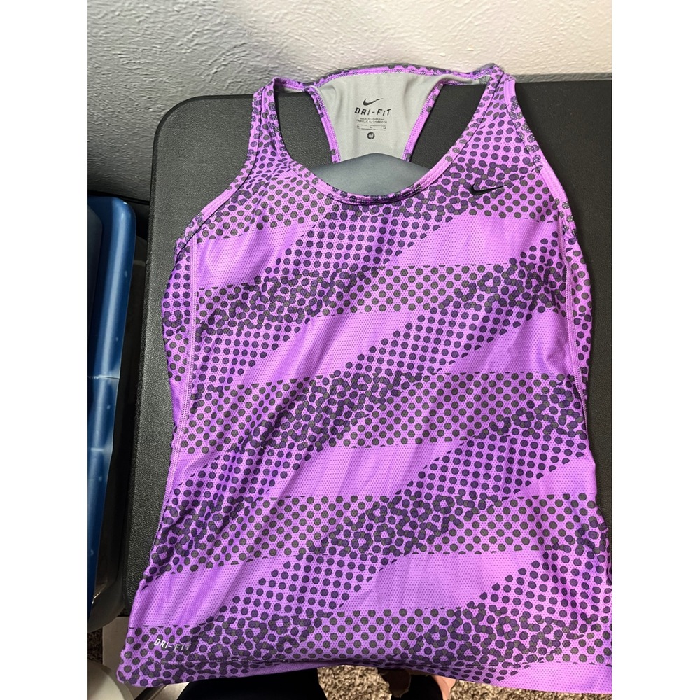 Nike Womens Dri-FIT Purple Leopard Polka Dot Racerback Tank Top Built-in Bra M - Picture 7 of 7